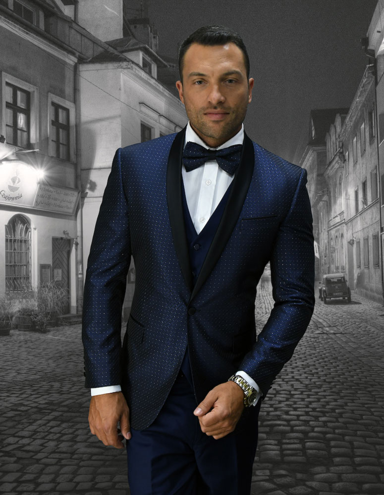black suit navy bow tie