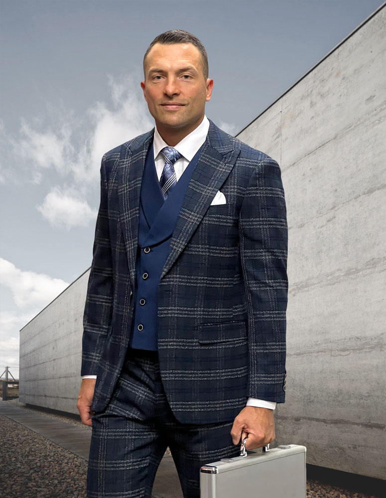 Statement Men's Algani Indigo 3PC Plaid Suit main image 0